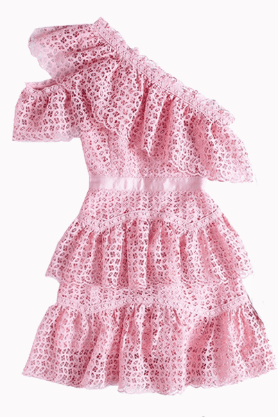 One-Shoulder Ruffled Lace Mini Dress