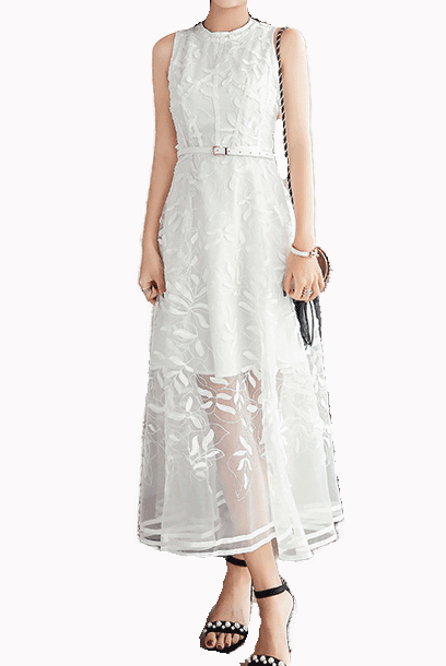 Elle White A-Line Lace Maxi Dress