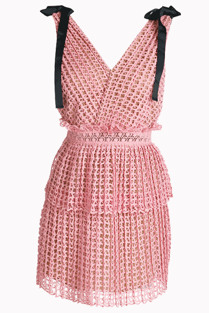 Sleeveless Pink Cutwork Tiered Mini Dress