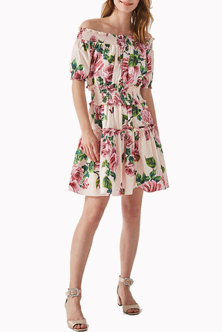 Off Shoulder Rose Floral Tiered Mini Dress