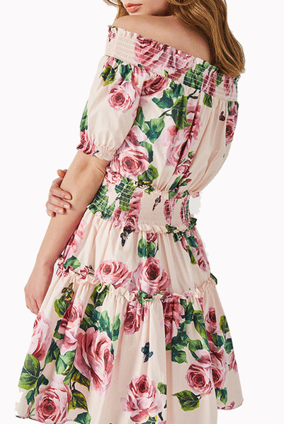 Off Shoulder Rose Floral Tiered Mini Dress