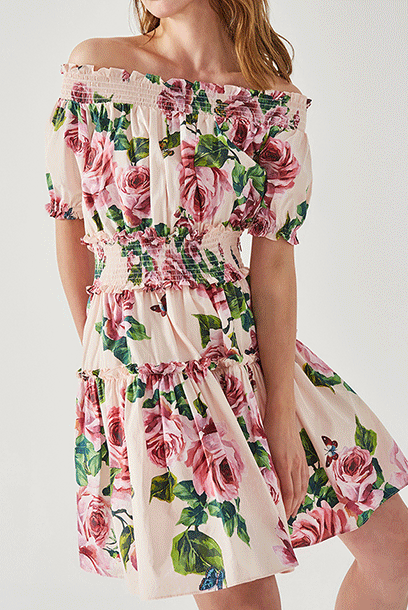 Off Shoulder Rose Floral Tiered Mini Dress
