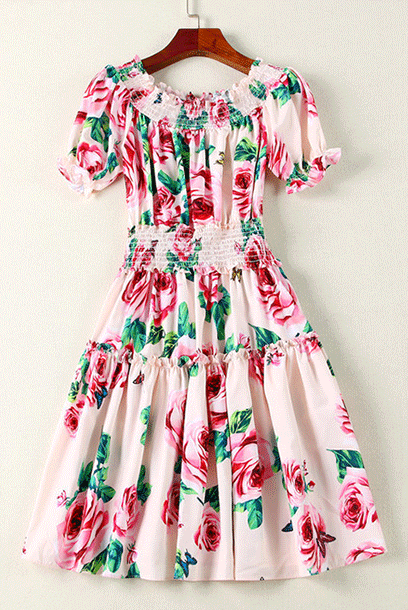 Off Shoulder Rose Floral Tiered Mini Dress
