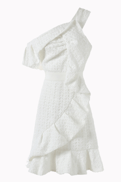 One Shoulder White Asymmetrical Ruffled Mini Dress
