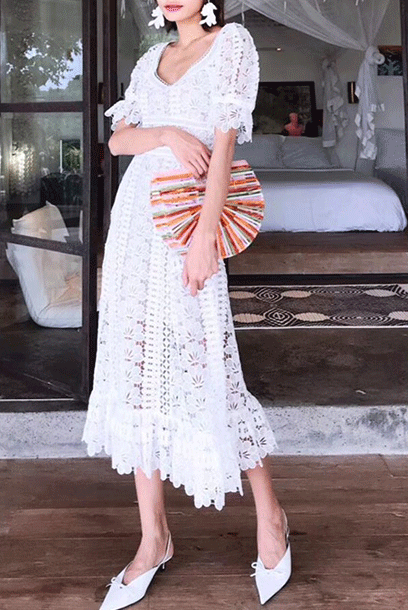 White Puffed Sleeves Floral Guipure Scoop Neck Midi Dress