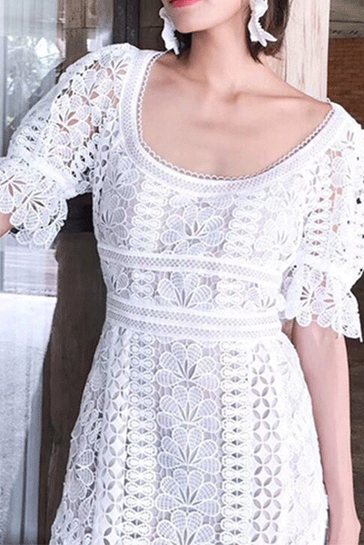 White Puffed Sleeves Floral Guipure Scoop Neck Midi Dress
