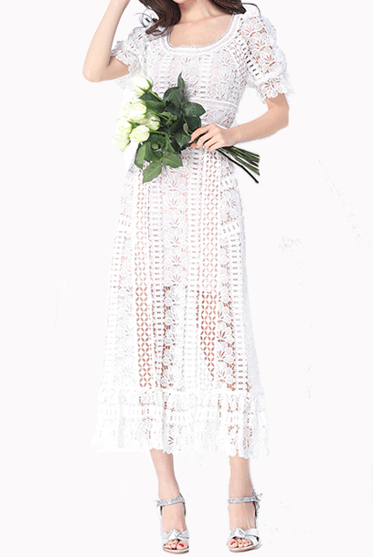 White Puffed Sleeves Floral Guipure Scoop Neck Midi Dress