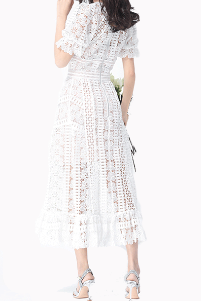 White Puffed Sleeves Floral Guipure Scoop Neck Midi Dress