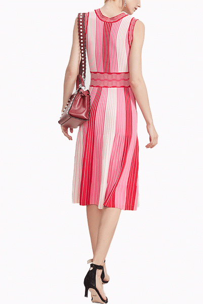 Sleeveless V Neckline Pink Colourblock Knitted Dress