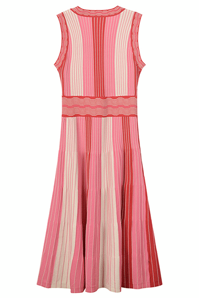 Sleeveless V Neckline Pink Colourblock Knitted Dress