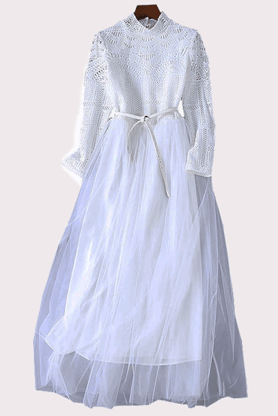 Long Sleeves Lace Tulle White Maxi Dress