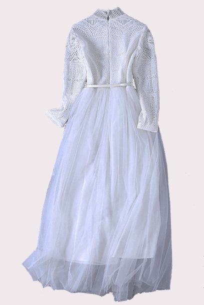 Long Sleeves Lace Tulle White Maxi Dress