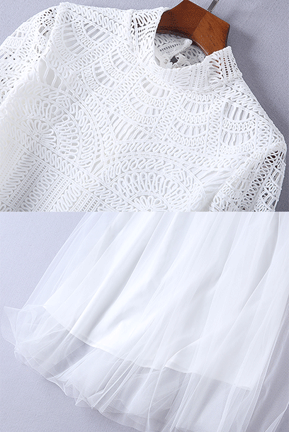 Long Sleeves Lace Tulle White Maxi Dress