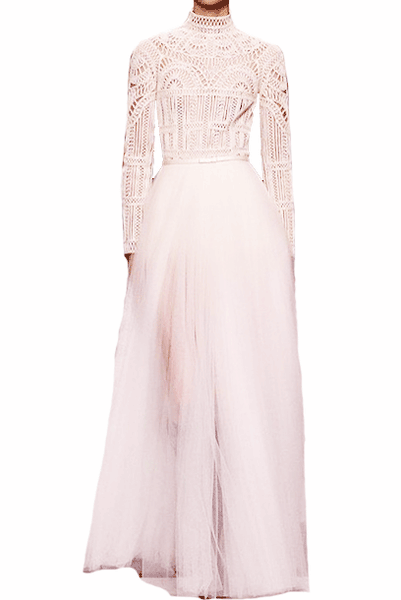 Long Sleeves Lace Tulle White Maxi Dress