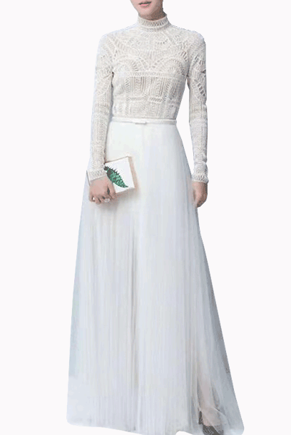 Long Sleeves Lace Tulle White Maxi Dress