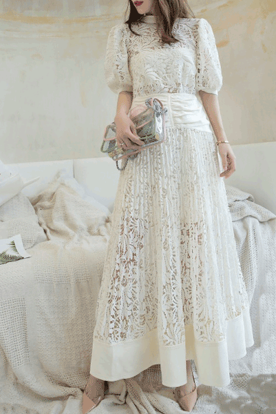 Balloon Sleeves Floral Lace Maxi Dress