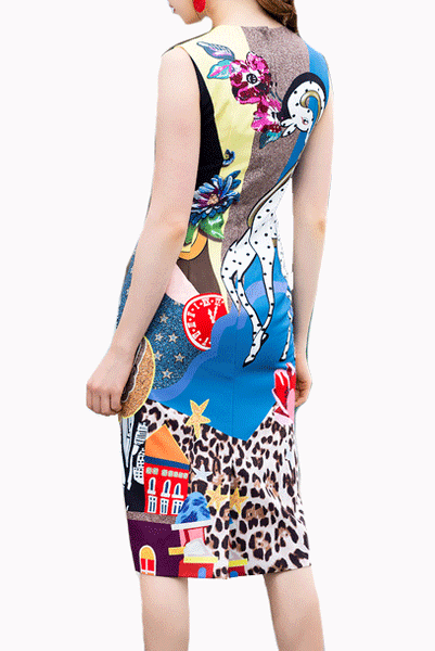 Sleeveless Giraffe Embellished Midi Dress