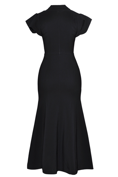 Notched Lapel Black Fit & Flare Maxi Dress