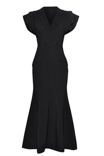 Notched Lapel Black Fit & Flare Maxi Dress