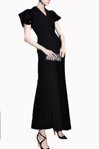 Notched Lapel Black Fit & Flare Maxi Dress