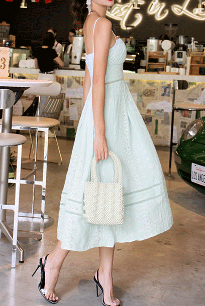 Spaghetti Straps Eyelet Crepe Midi Dress