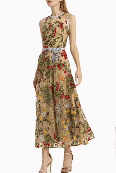 Sleeveless Embroidered Floral Midi Dress