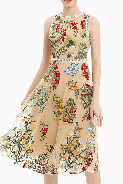 Sleeveless Embroidered Floral Midi Dress
