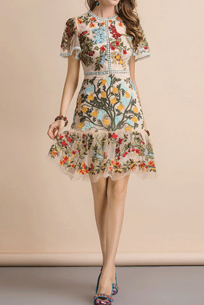 Bell Sleeves Embroidered Floral Dress
