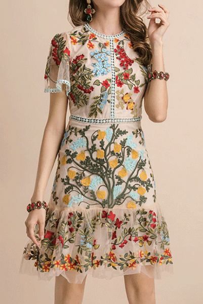 Bell Sleeves Embroidered Floral Dress