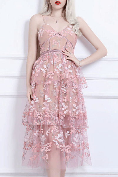 Sleeveless Floral Embellished Sequin Midi Tiered Dress