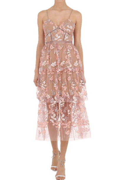 Sleeveless Floral Embellished Sequin Midi Tiered Dress