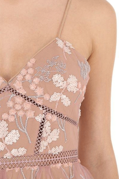 Sleeveless Floral Embellished Sequin Midi Tiered Dress