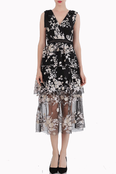 Sleeveless Floral Sequin Mesh Tiered Midi Dress