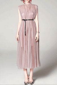 Ruched Mesh Pink Midi Dress