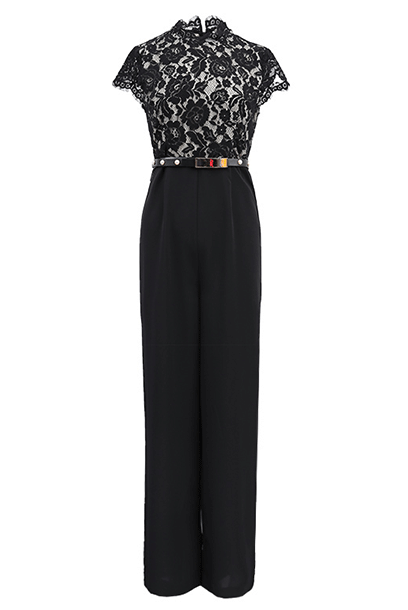 Cap Seeves Lace Chiffon Flare Playsuit Jumpsuit
