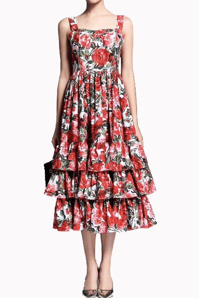 Ruffled Tiered Rose Floral-print Midi Dress