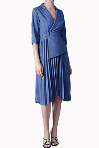 Elbow Sleeves Notched Lapel Pleated Dress