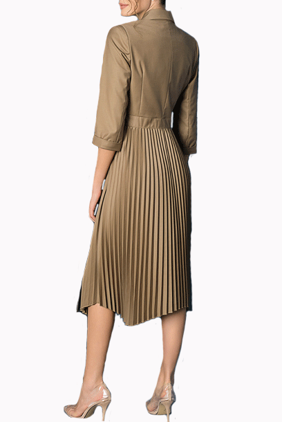 Elbow Sleeves Notched Lapel Pleated Dress