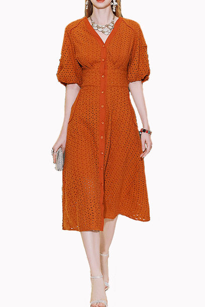 Elbow Sleeves Broderie Anglaise Eyelet White Midi Dress