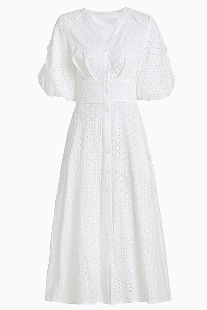 Elbow Sleeves Broderie Anglaise Eyelet White Midi Dress
