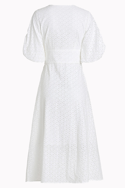 Elbow Sleeves Broderie Anglaise Eyelet White Midi Dress