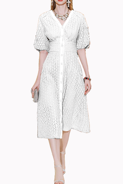 Elbow Sleeves Broderie Anglaise Eyelet White Midi Dress