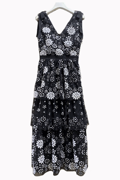 Sleeveless Floral Embellished Sequin Midi Tiered Dress