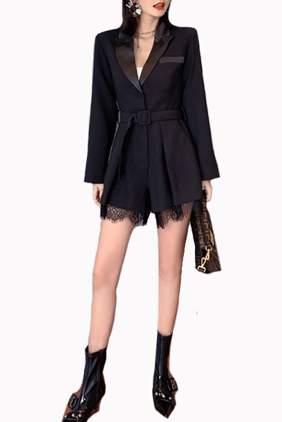 Long Sleeves Tuxedo Lace Hem Playsuit Romper