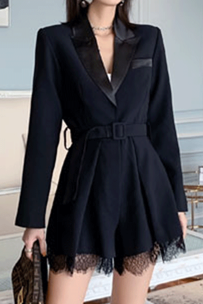 Long Sleeves Tuxedo Lace Hem Playsuit Romper