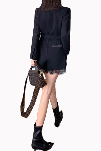 Long Sleeves Tuxedo Lace Hem Playsuit Romper