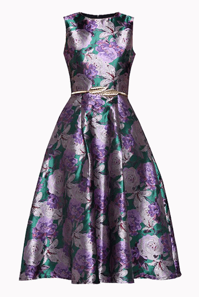 Sleeveless Floral Purple Jacquard Skater Dress