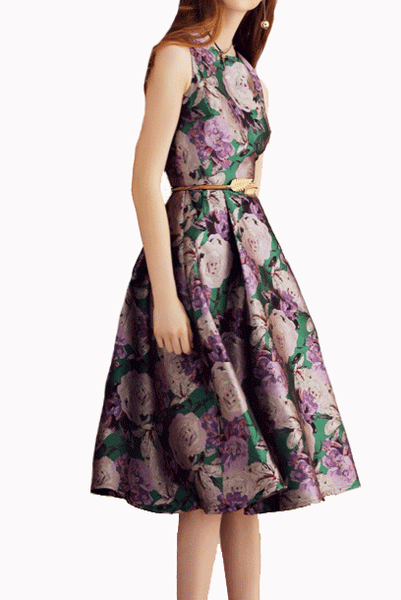 Sleeveless Floral Purple Jacquard Skater Dress