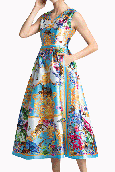 Sleeveless Safari Printed Embellished Midi Dress