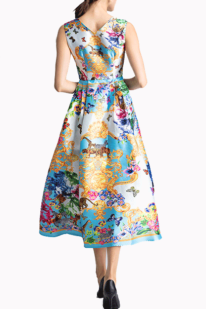 Sleeveless Safari Printed Embellished Midi Dress